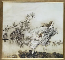 Les fées se disputent avec les oiseaux, illustration de 1906 pour Peter Pan dans les jardins de Kensington par J.M. Barrie, pub. 1906