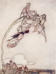 La seule fille du roi avait été enlevée par un dragon, des Contes de fées des frères Grimm, pub. 1909