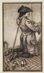 Les tailleurs lilliputiens mesurent Gulliver pour un nouveau costume, de Les Voyages de Gulliver par Jonathon Swift (1667 - 1745), pub. 1909