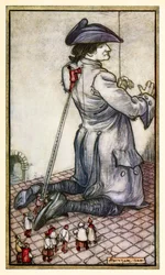 Les tailleurs lilliputiens mesurent Gulliver pour un nouveau costume de la Partie I : Un voyage à Lilliput dans Les Voyages de Gulliver par Jonathan Swift