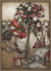 La Reine, le Roi et le Valet de Cœur passant les hommes déguisés en cartes peignant le rosier en rouge