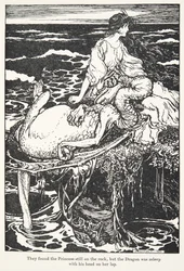 Ils trouvèrent la princesse encore sur le rocher, mais le dragon dormait la tête sur ses genoux, des Contes de fées des frères Grimm, pub. 1909