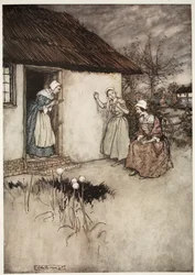 Les bonnes épouses du village ne manquaient jamais, dans leurs commérages du soir, de rejeter toute la faute sur Dame Van Winkle, de Rip Van Winkle par Washington Irving, pub. 1910
