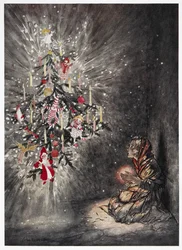 Là, elle était assise sous le magnifique sapin de Noël. Une jeune fille regardant un sapin de Noël illuminé. Illustration en couleur pour l