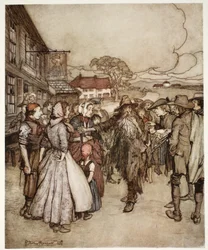 Ils se pressaient autour de lui, le regardant de la tête aux pieds avec une grande curiosité, de Rip Van Winkle par Washington Irving, pub. 1910