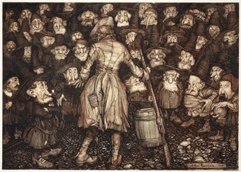 Ils le regardaient avec un regard fixe et statuaire, que son cœur se retourna en lui et ses genoux se frappèrent ensemble., de Rip Van Winkle par Washington Irving, pub. 1910