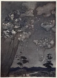 Ils étaient gouvernés par un vieil esprit squaw qui accrochait les nouvelles lunes dans le ciel et découpait les anciennes en étoiles, de Rip Van Winkle par Washington Irving, pub. 1910