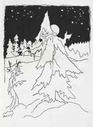 Deux hommes-arbres dans un bois enneigé