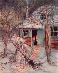Que trouva-t-elle là sinon de vraies fraises mûres. Illustration par Arthur Rackham du Conte de Grimm, Les Trois Petits Hommes dans le Bois, publié à la fin du 19ème siècle.
