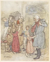 Jeunes enfants aidant deux hommes âgés avec leurs manteaux en entrant dans une maison portant des cadeaux de Noël
