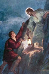 Jeune homme grimpant, suivant la lumière tenue par Jésus-Christ