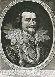 BUCKINGHAM, George Villiers, Duc de (1592-1628). Politicien britannique, favori de Jacques Ier et Charles Ier. Eau-forte.