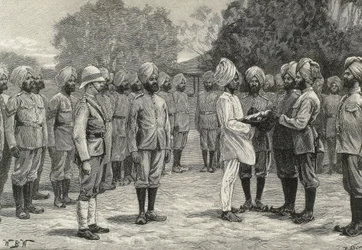 Angleterre (19e siècle). Colonisation. Inde. Les nouveaux régiments de Birmanie. Prise de serment des nouvelles recrues. Gravure. Collection privée.