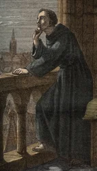 Le philosophe anglais Roger Bacon à Oxford - Roger Bacon à Oxford - Moine franciscain, théologien, philosophe et érudit anglais (Ilchester, Somerset, vers 1214 à Oxford).