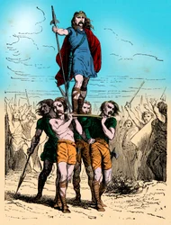 Gravure - Le chef gaulois porte le triomphe sur son bouclier (gravure)