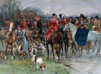 Chasse en Angleterre. Homme en costume de chasse et femmes chevauchant un cheval amazone se rassemblent avant de partir à la chasse (gravure)
