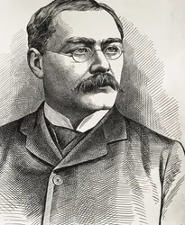 KIPLING, Rudyard (1865-1936). Écrivain britannique, né en Inde. Prix Nobel de littérature 1907. Portrait de Kipling. Gravure.