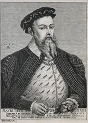 Maurice de Saxe (1521-1553). Duc (1541-47) et plus tard Électeur (1547-53) de Saxe. Protestant à partir de 1539. Portrait basé sur une peinture de Lucas Cranach. Gravure.