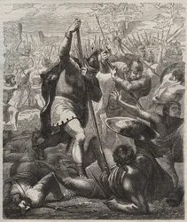 Représentation de Pélage, roi conquérant des Asturies, triomphant des Sarrasins, 719, Covadonga, Espagne".