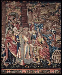 Le navigateur portugais Vasco de Gama (1459-1524) est arrivé à Calicut en Inde en 1498, détail, tapisserie