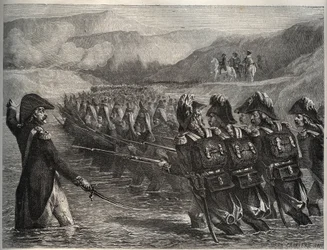 La guerre de la première coalition - Passage du Tagliamento - montrant Napoléon Bonaparte à la tête des forces françaises le long du fleuve Tagliamento