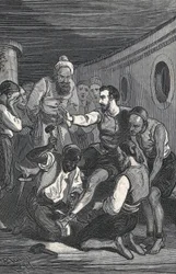 Les Trinitaires Fray Juan Gil et Fray Anton de la Bella libèrent Cervantes de la captivité à Alger en 1580 (gravure)