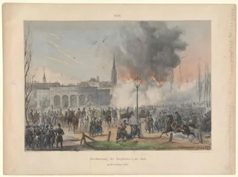 Bombardement de la porte du château et de la ville de Vienne le 31 octobre 1848