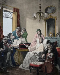 Wolfgang Amadeus Mozart (1756-1791) mourant, dirige un groupe de musiciens pour le Requiem qu