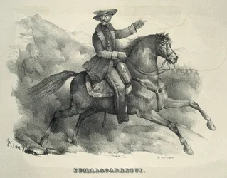 ZUMALACARREGUI, Tomas (1788-1835). Général carliste. Espagne. Première guerre carliste. Zumalacarregui à cheval. Gravure.