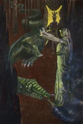 Jason regardant Médée endormir le dragon gardant la toison d