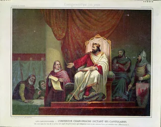 Charlemagne (742-814) promulguant le capitulaire de Herstal en 779, gravé par Eugène Ronjat, vers 1860-80