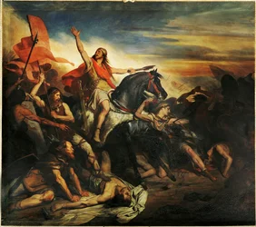 La bataille de Tolbiac entre les Alamans et les Francs de Siegbert ... (peinture sur toile)