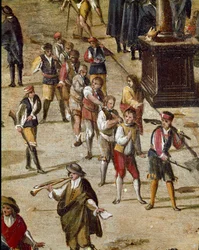 Place de la cour de la Vicaria à Naples au moment de la révolution de Masaniello Les criminels sont jugés devant l