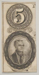 Motifs de billet de banque : le numéro 5 et un portrait de Thayendanegea, vers 1824-37