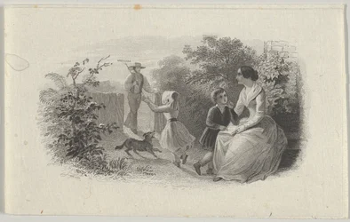 Vignette de billet de banque avec une famille dans un jardin, ca. 1824-37