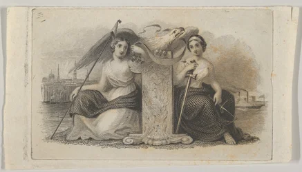 Vignette de billet de banque avec des figures féminines représentant la Liberté et la Justice, vers 1824-37