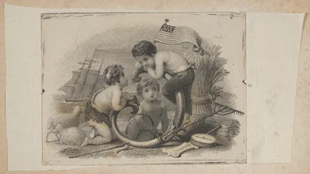 Vignette de billet de banque avec trois putti en tant que berger, fermier et marin, ca. 1824-37
