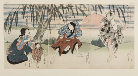 Acteurs Ichikawa Ebijuro I en Ukisu no Iwamatsu, Arashi Kitsusaburo II en fermier Josaku, Arashi Kitsuzo en Jokichi, et Sawamura Kunitaro II en Okinu, la femme de Josaku