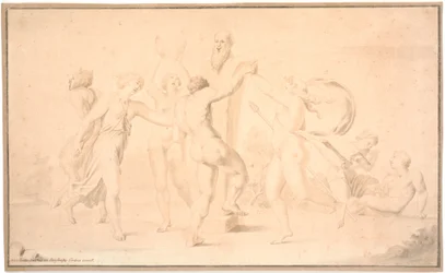 Bacchanale. Un satyre, une bacchante et trois bacchantes dansent autour de Priape