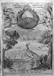 Archytas de Tarente (435-347 av. J.-C.) fait voler une colombe en bois. Gravure de "Mundus Subterraneus" par Athanasius Kircher (1601-1680), jésuite, orientaliste et érudit.
