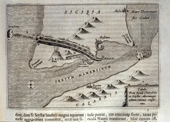 Représentation cartographique de Charybde et Scylla dans le détroit de Messine, Sicile. Gravure de "Mundus Subterraneus" par Athanasius Kircher (1601-1680), jésuite, orientaliste et érudit 1682