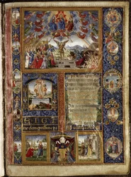 Missel de Thomas James : le jugement dernier, avec des vignettes représentant des scènes de la Passion et de la vie de la Vierge.