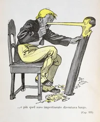 Le nez de Pinocchio a commencé à grandir tandis que Gepetto continuait à sculpter son personnage", illustration de "Pinocchio" de Carlo Collodi (1826-90) 1935 (lithographie en couleur).