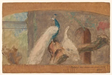 Conception pour un dessus-de-porte : branche avec paon et autres oiseaux