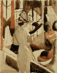 Femme devant une boutique de chapeaux