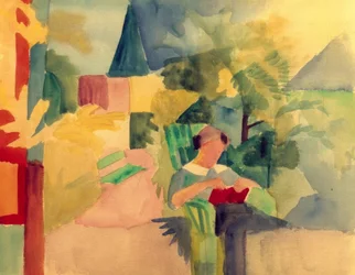 Jardin avec femme lisant (au lac de Thoune)