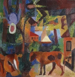 Paysage avec vaches, voilier et personnages