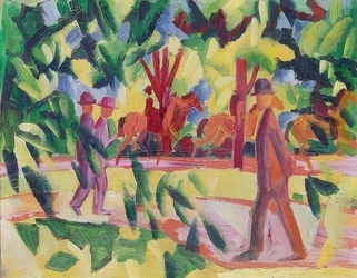 Cavaliers et promeneurs dans une allée. 1914