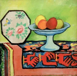 Nature morte avec bol de pommes et éventail japonais