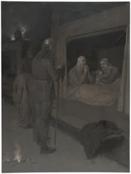 Njal, Bergthora et Thord Karisson décident de se laisser brûler vifs. Illustration pour la Saga de Njal, chap. 129